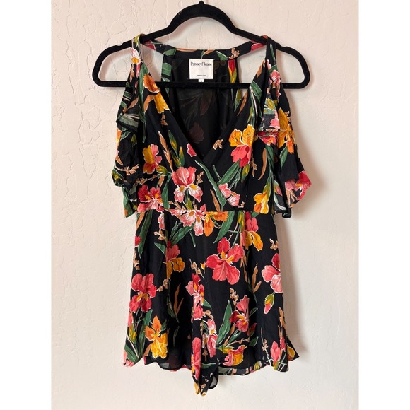 Privacy Please Leon Floral Romper Cold Shoulder Ruffle Black Pink Yellow‎ Sz S - Picture 1 of 8